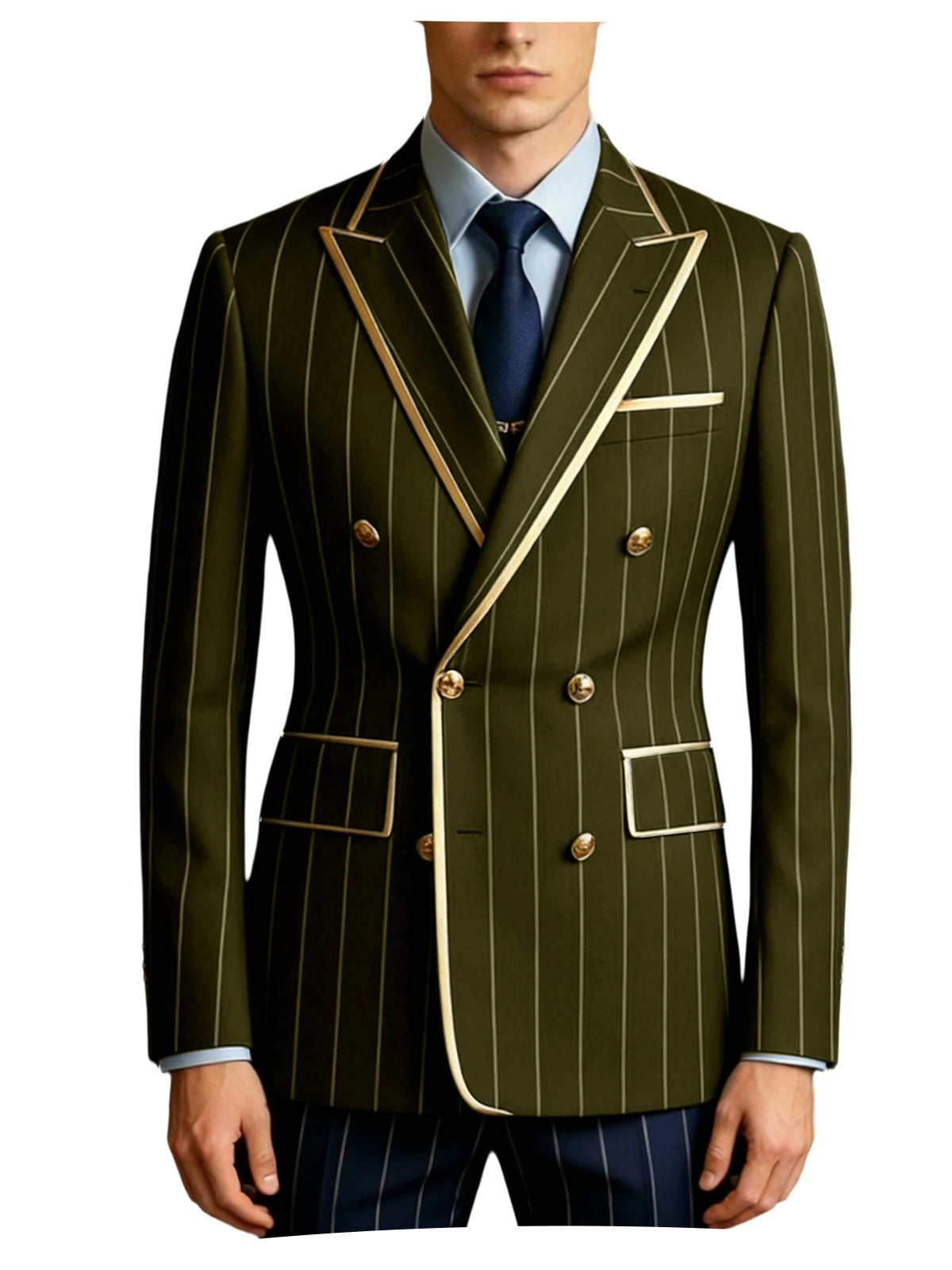 Men's Pinstripe Blazer Double Breasted Gold Trim Slim Fit Suit Jacket Peak Lapel Business Formal Tuxedo Coat for Wedding Prom