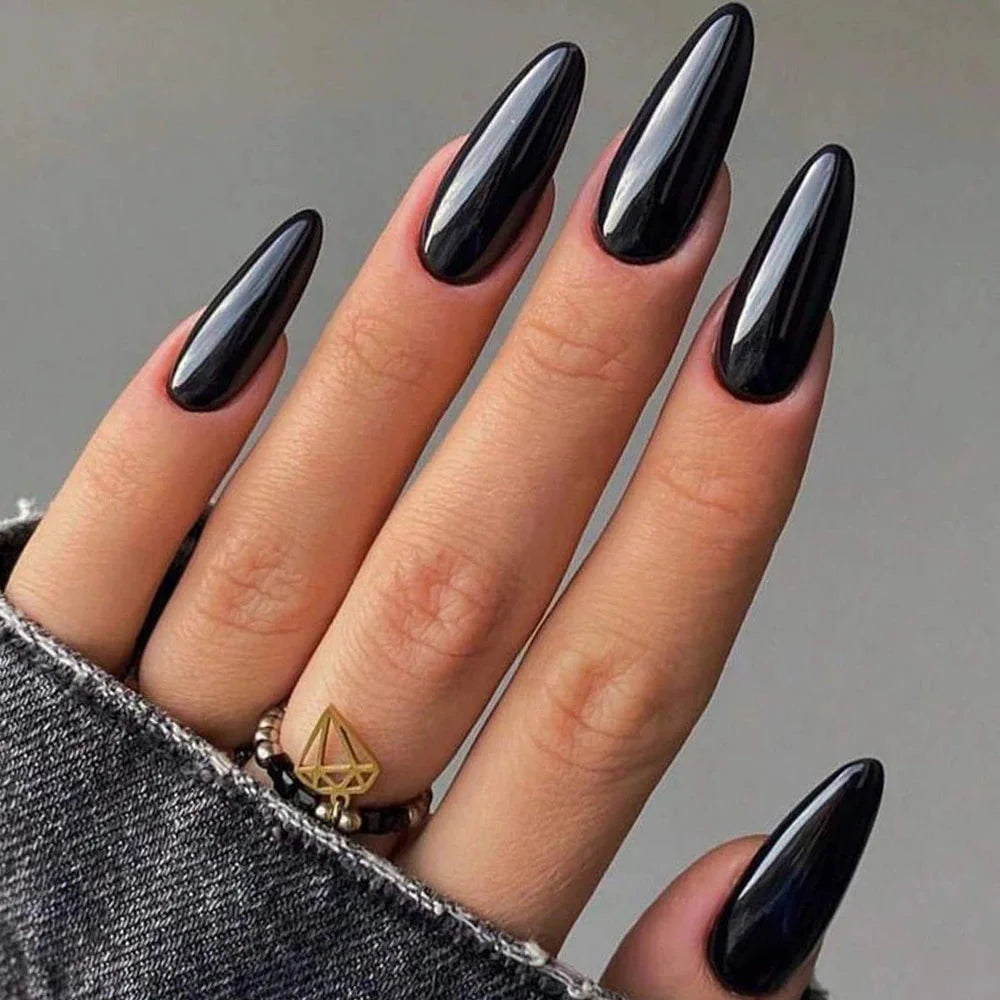 Black matte almond press-on nails by MAFANAILS, 100-pack of medium acrylic tips, shown in a natural pressed-out style image.