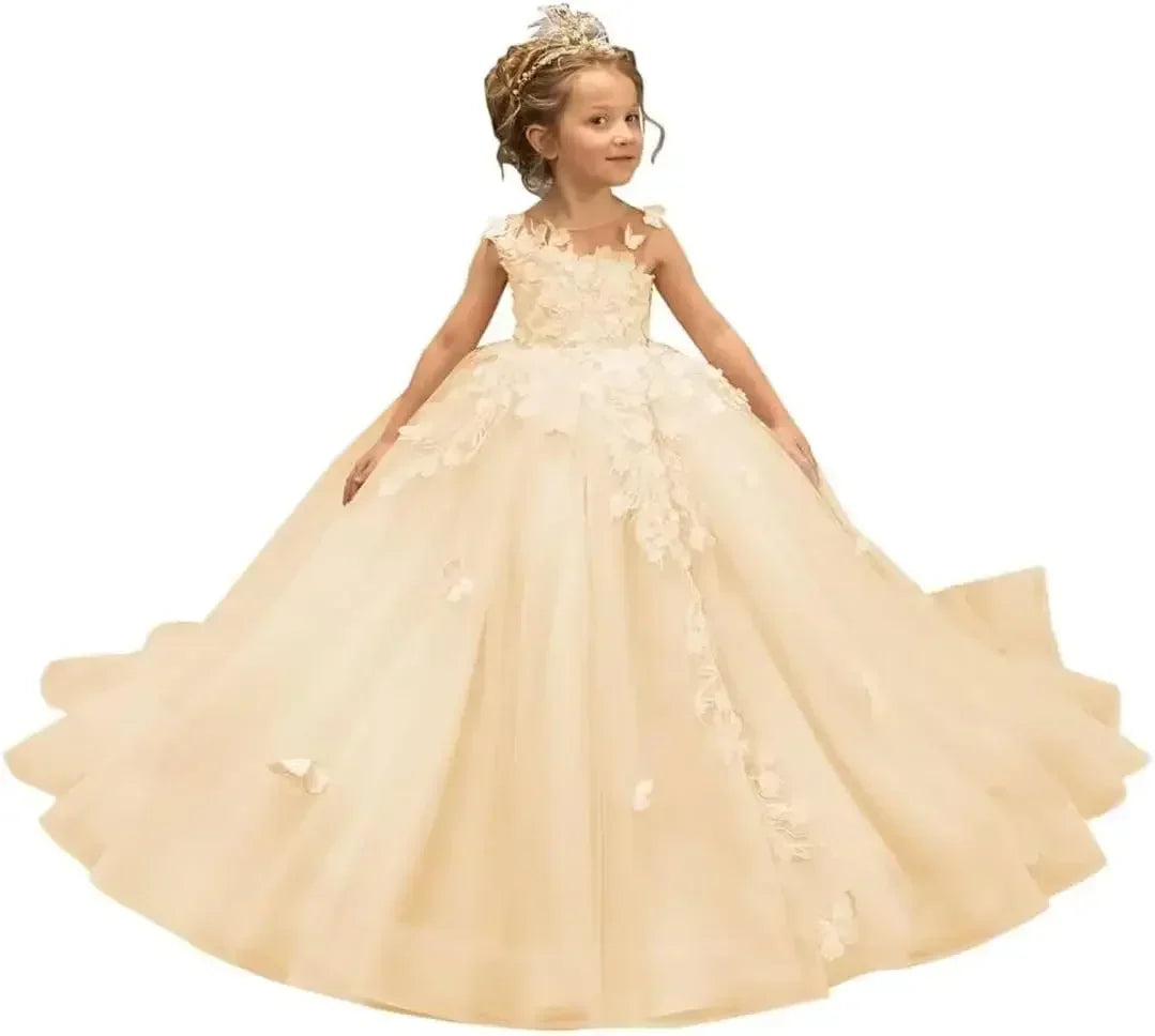 Kingbridal 3D butterfly flower girl dress with tulle lace ball gown design, perfect for pageants and special occasions.