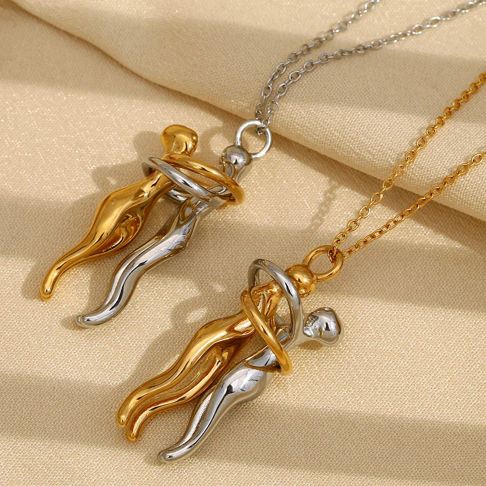 E.B.belle mixed color stainless steel necklace with smooth design and hug pendants, 18K gold-plated jewelry for lovers and family gifts.