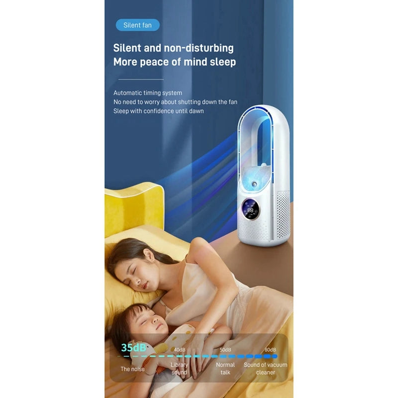 Showlu Smart General Donirt USB bladeless air cooler fan on a desk, compact and modern with a sleek design and digital control panel.