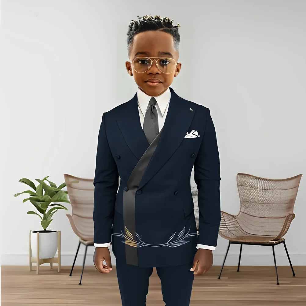 Boys' fashion double-breasted blazer and pants tuxedo set for kids, stylish wedding tuxedo, ages 2 to 16, by Showlu Fashion Store.