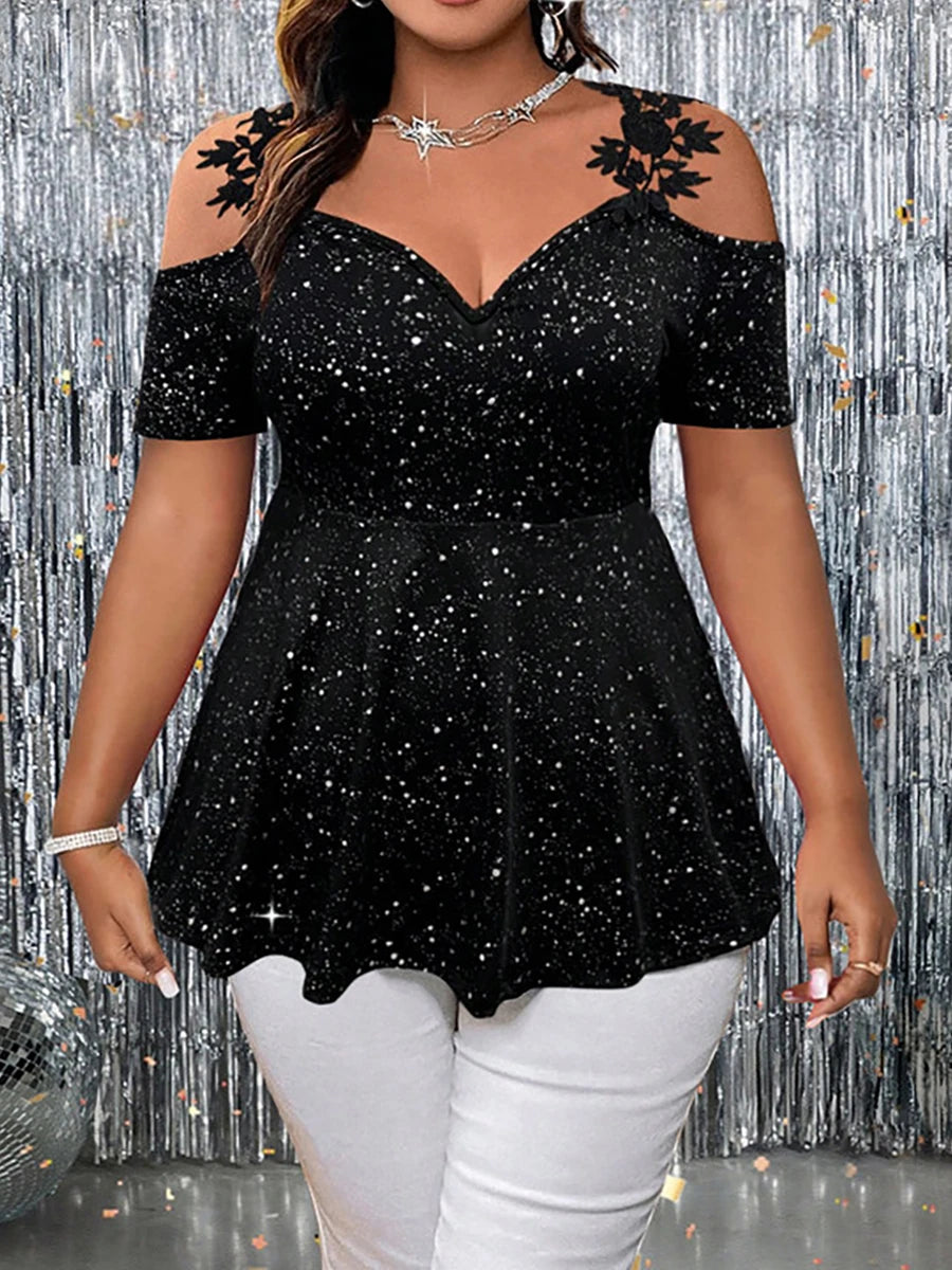 Plus size Showlu women's cold shoulder lace peplum V-neck T-shirt, stylish and comfortable top with lace details and trendy design.