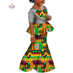 African Kids Dresses African Dashiki Print Cotton Wax Matching Dresses Africa Children Summer Plus Size Clothing WYT529