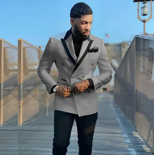 Men's tailored white double-breasted tuxedo suit with slim fit, top lapel, two-piece groom prom set, shown in image.