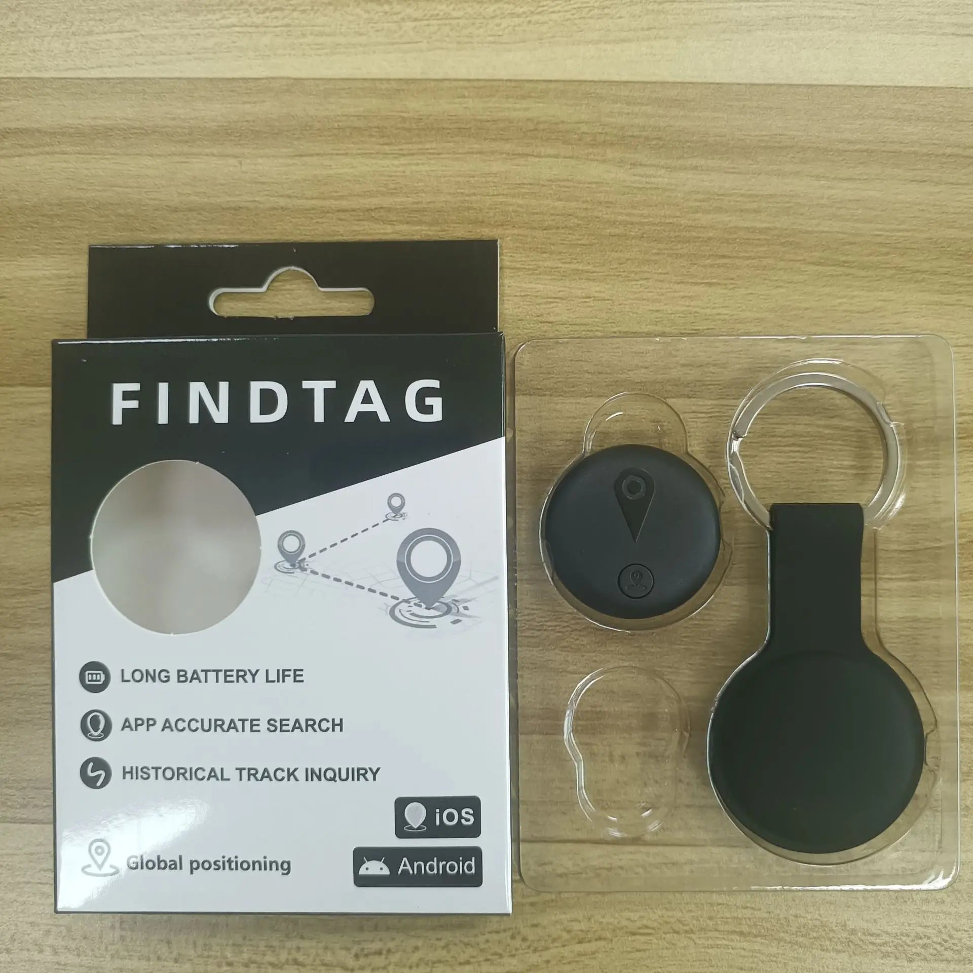 Showlu Anti-Lost AirTag tracker for pets and kids, waterproof smart tag with keyring attachment, in black color.