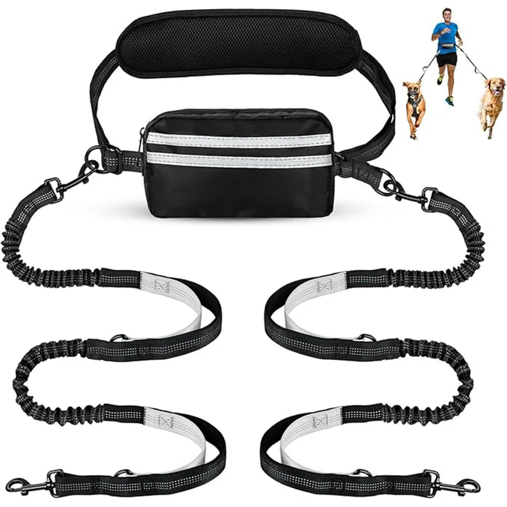 DCLOUD hands-free dual dog leash with pouch for medium and large dogs, shown with two dogs on a walking trail.