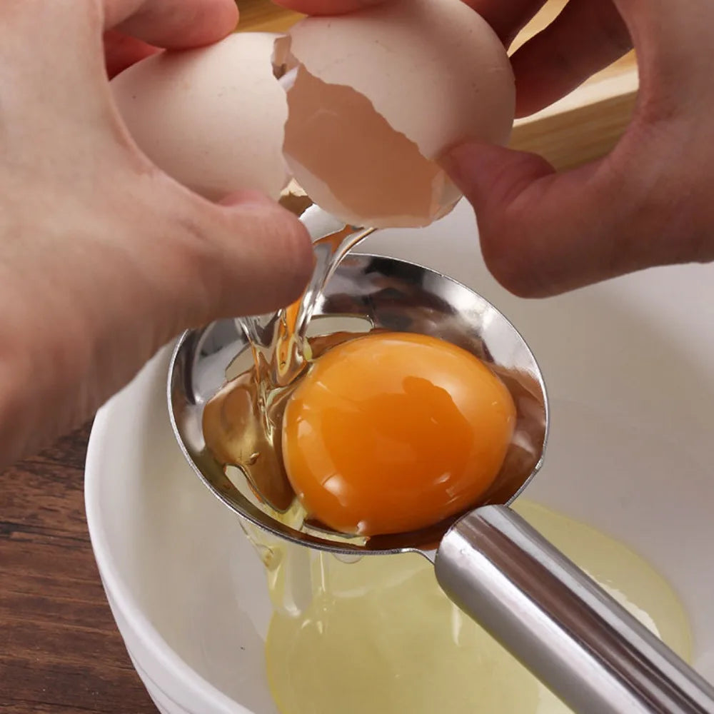 Silver stainless steel egg separator with long handle and extended lug design, hangable for professional kitchen use