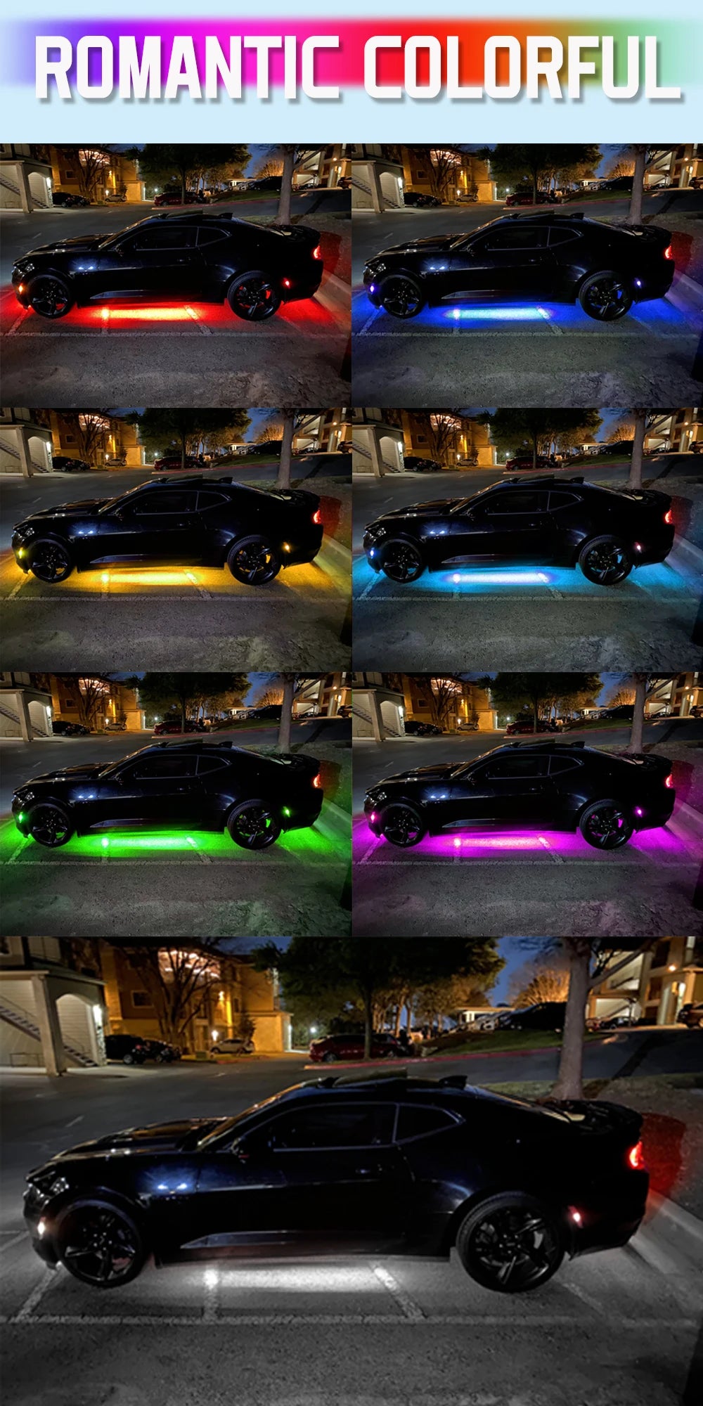 Showlu Smart General WUMFIRE RGB car underbody LED lights installed underneath a vehicle, showcasing vibrant multicolor illumination.