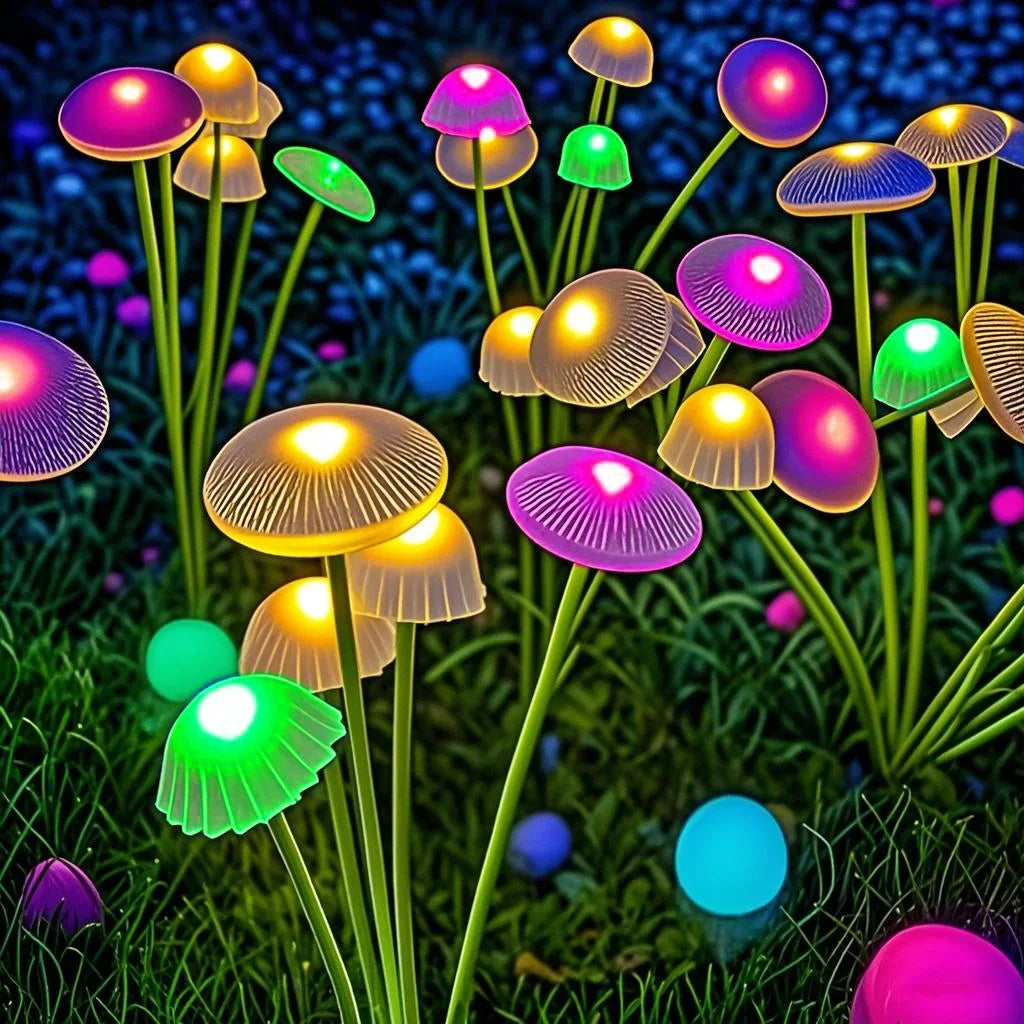 GCTECHING Aura-Mycelia kinetic solar landscape lights with six heads, glowing softly in a garden setting.
