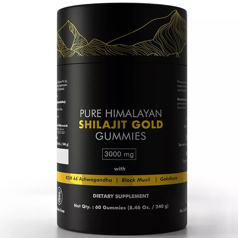 Bunkell Himalayan Shilajit Gummies with Ashwagandha and Gokshura, 3000mg, showing the gummy supplement and herbal ingredients.