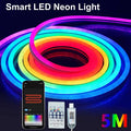 Showlu Smart RGBIC Neon LED strip light with Bluetooth app control, vibrant color effects, and flexible 5V LED lighting extension.