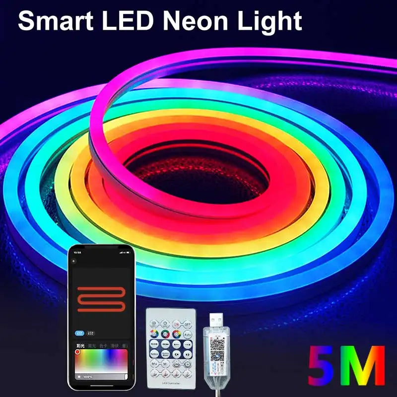 Showlu Smart RGBIC Neon LED strip light with Bluetooth app control, vibrant color effects, and flexible 5V LED lighting extension.