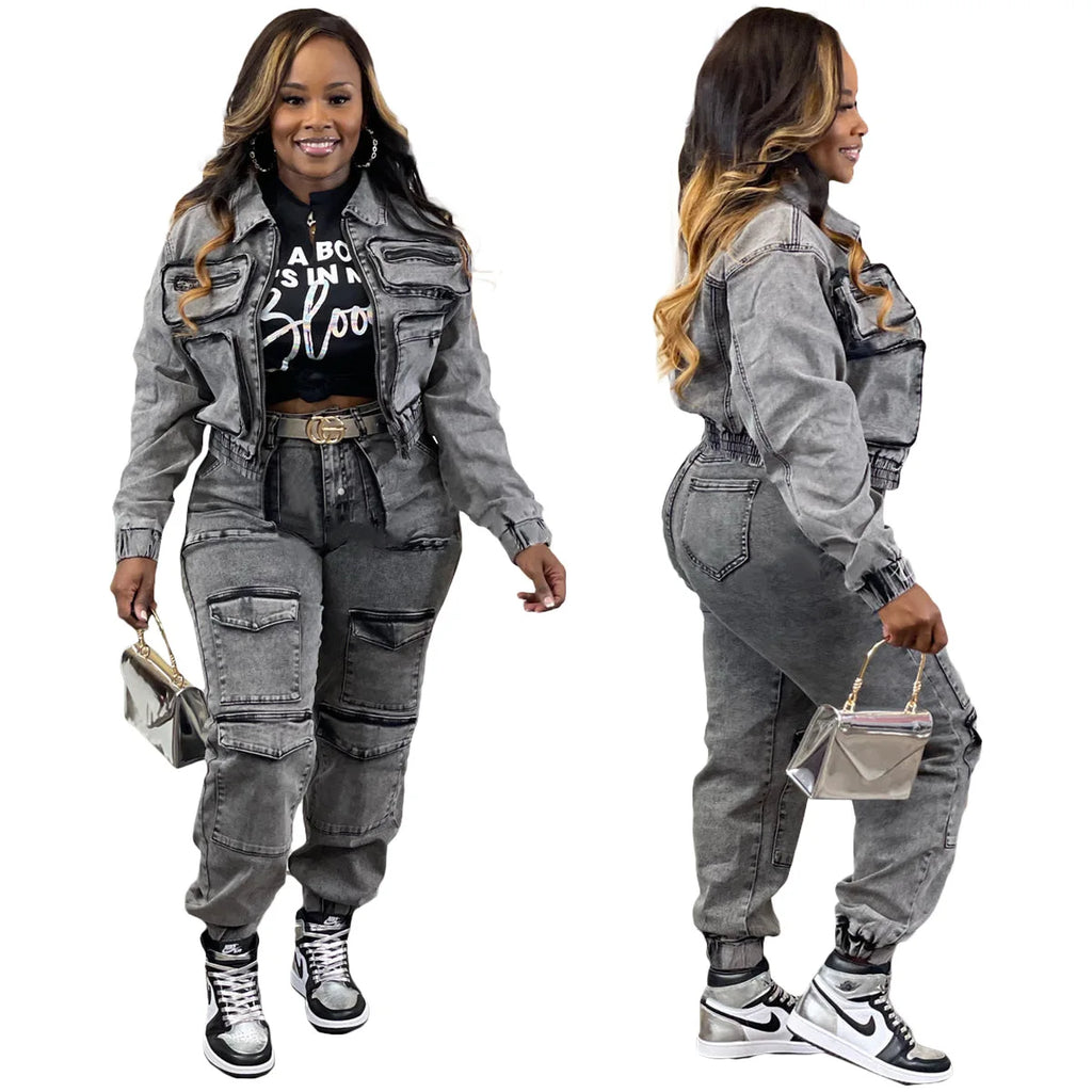 Long sleeve women's denim pant set with zipper track jacket and cargo ankle pants featuring pockets, slim fit, and spliced design.