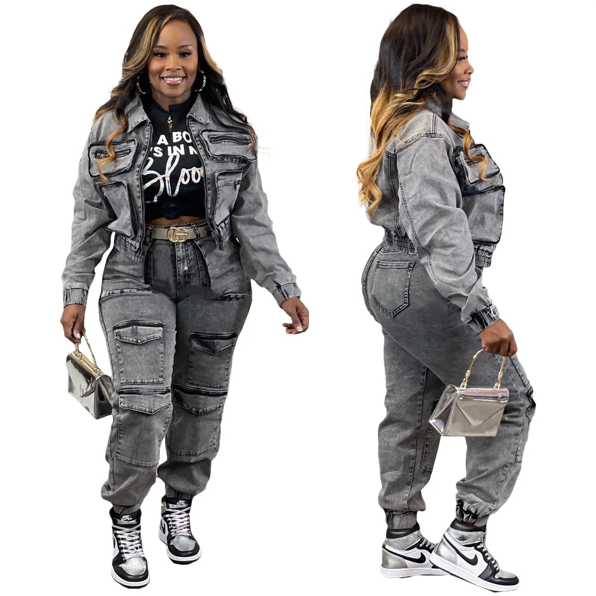 Long sleeve women's denim pant set with zipper track jacket and cargo ankle pants featuring pockets, slim fit, and spliced design.