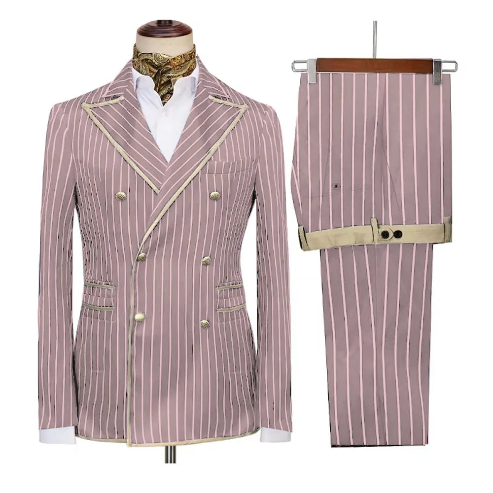 Showlu Fashion men's high-end striped double-breasted suit with peak lapel, blazer and pants, slim fit formal and casual tuxedo set