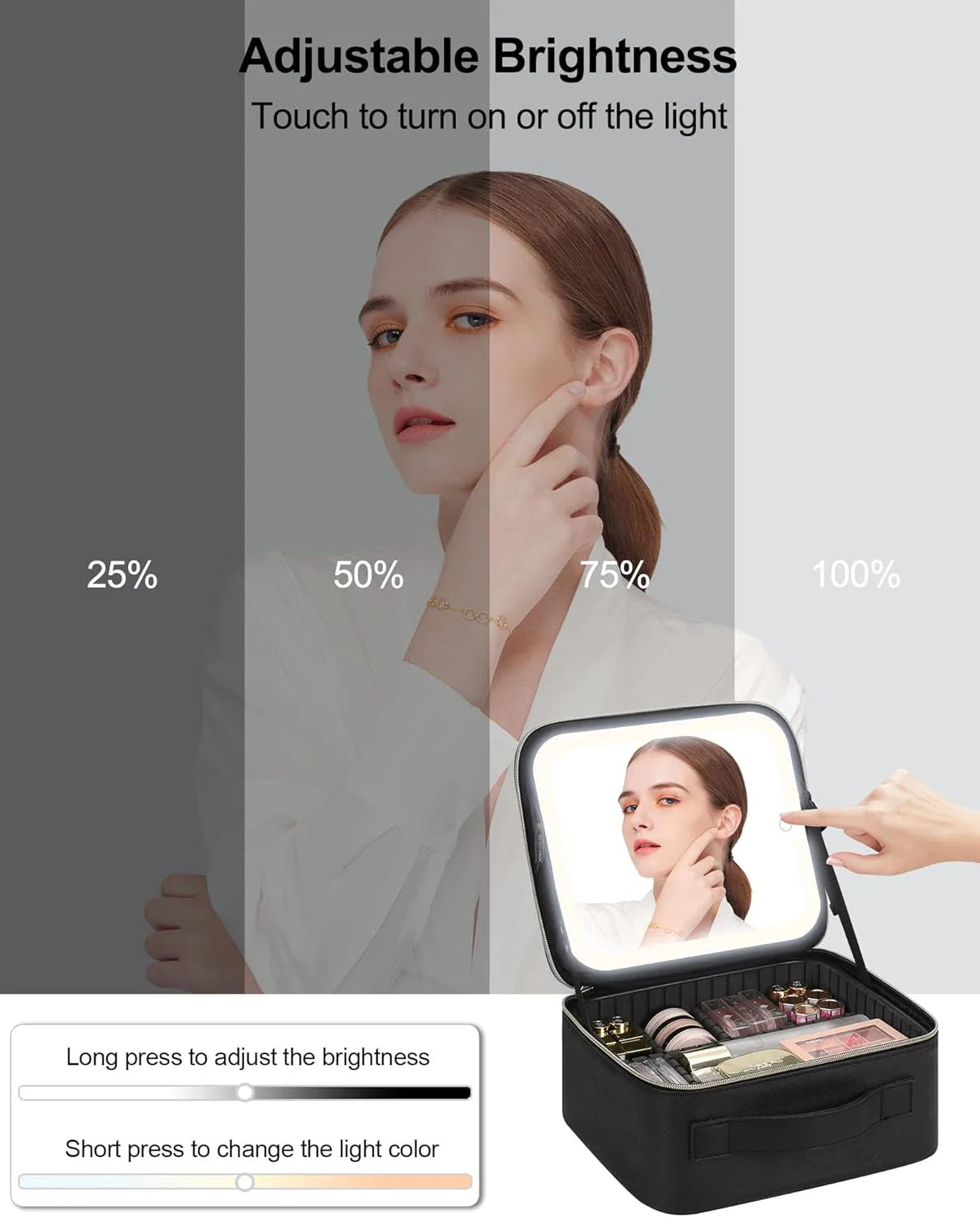 Showlu Fashion makeup organizer with mirror light, travel cosmetic case, featuring compartments for beauty products and accessories.