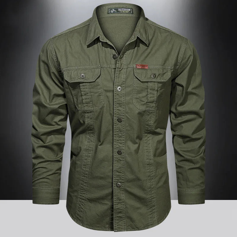 Men's cotton cargo shirt by SHOWLU FASHION STORE, long sleeve military overshirt with multiple pockets and casual style.