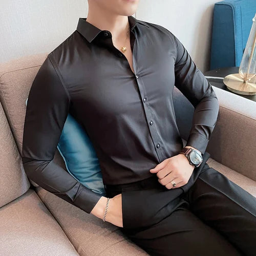 10Color High Quality Solid Dress Shirt Men Simple Long Sleeve Slim Fit Business Shirts Homme Social Casual Shirt Plus Size 5XL-M