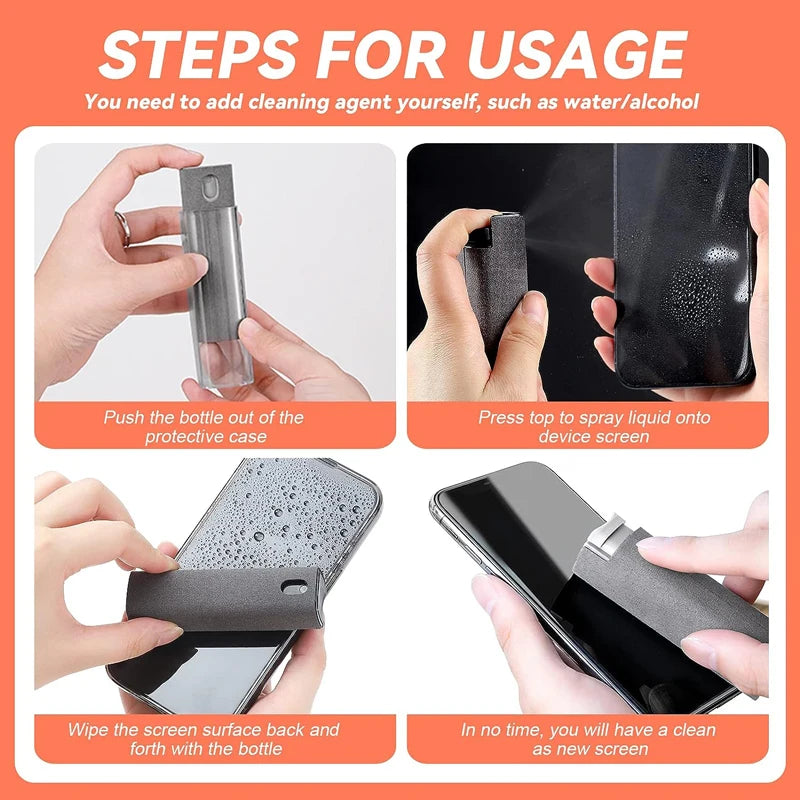 Showlu Fashion Store 2-in-1 microfiber screen cleaner spray bottle with cloth for iPhone, Samsung, tablets, and computers.