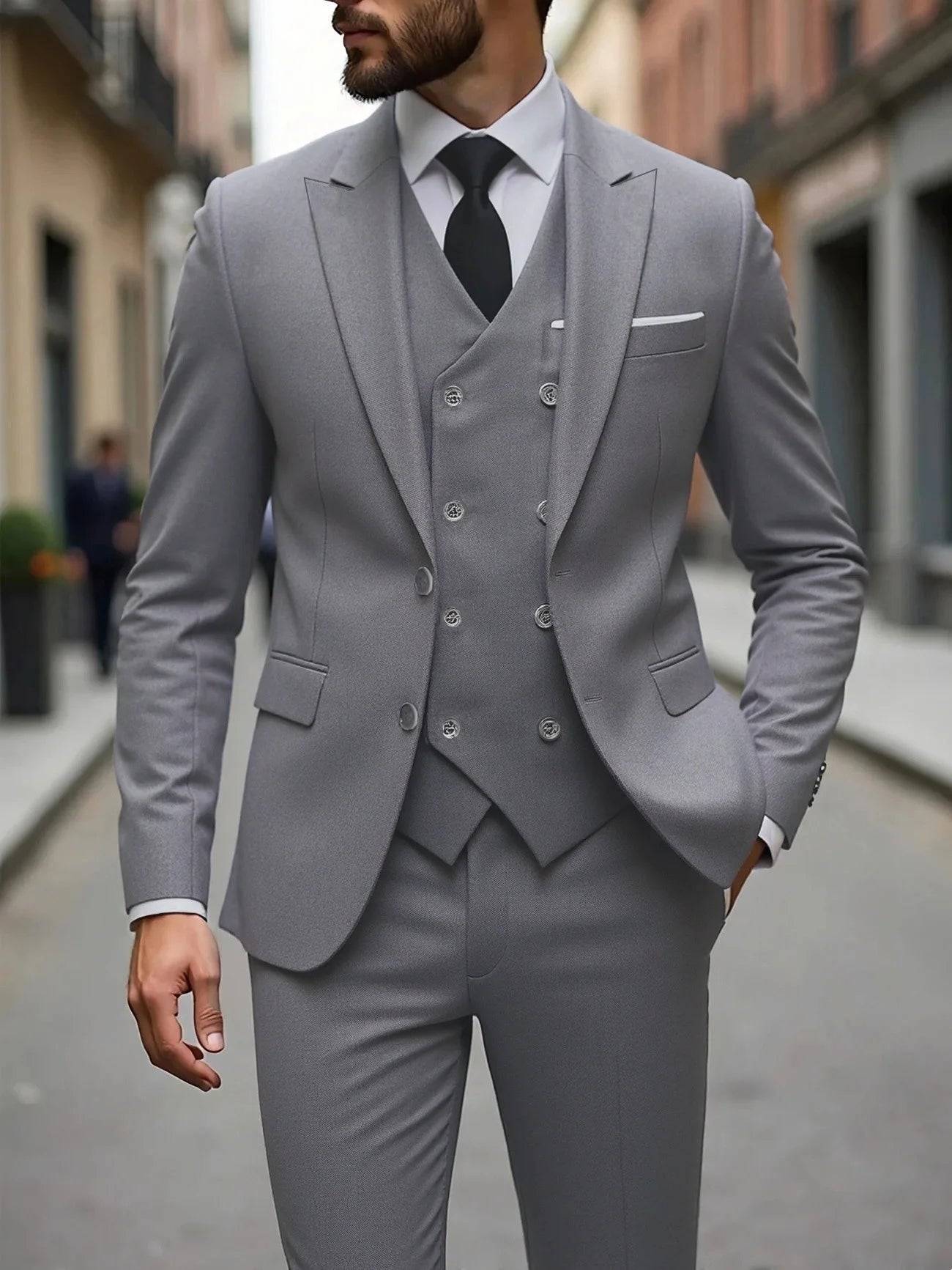 Classic men's wedding tuxedo by Showlu Fashion, slim fit groom suit with jacket, vest, and pants for formal occasions.