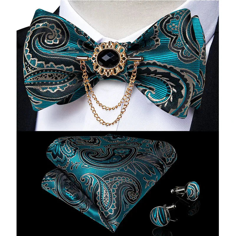 Pink plaid silk self-tie bow tie set by SHOWLU FASHION STORE, includes brooch and matching handkerchief, stylish and elegant accessory.