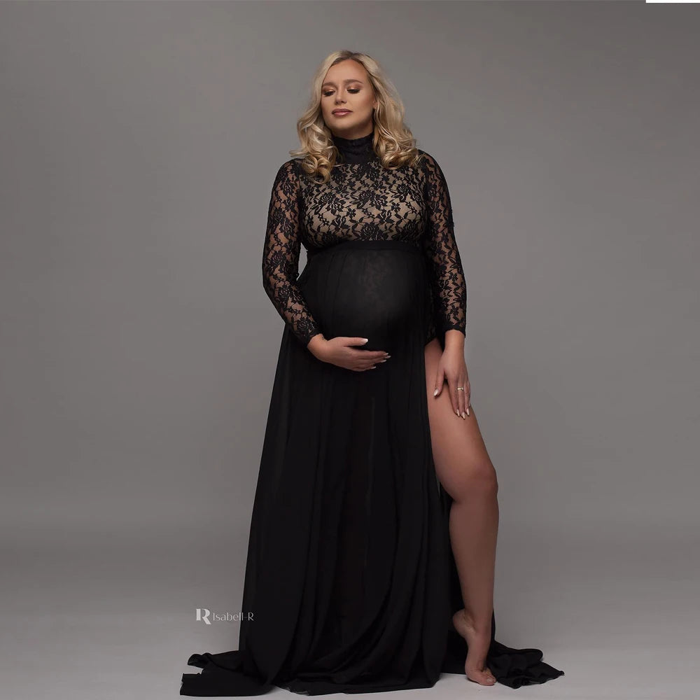 Stretchy lace maternity bodysuit with chiffon sides and slit skirt, perfect for pregnancy photo shoots and maternity photography props.