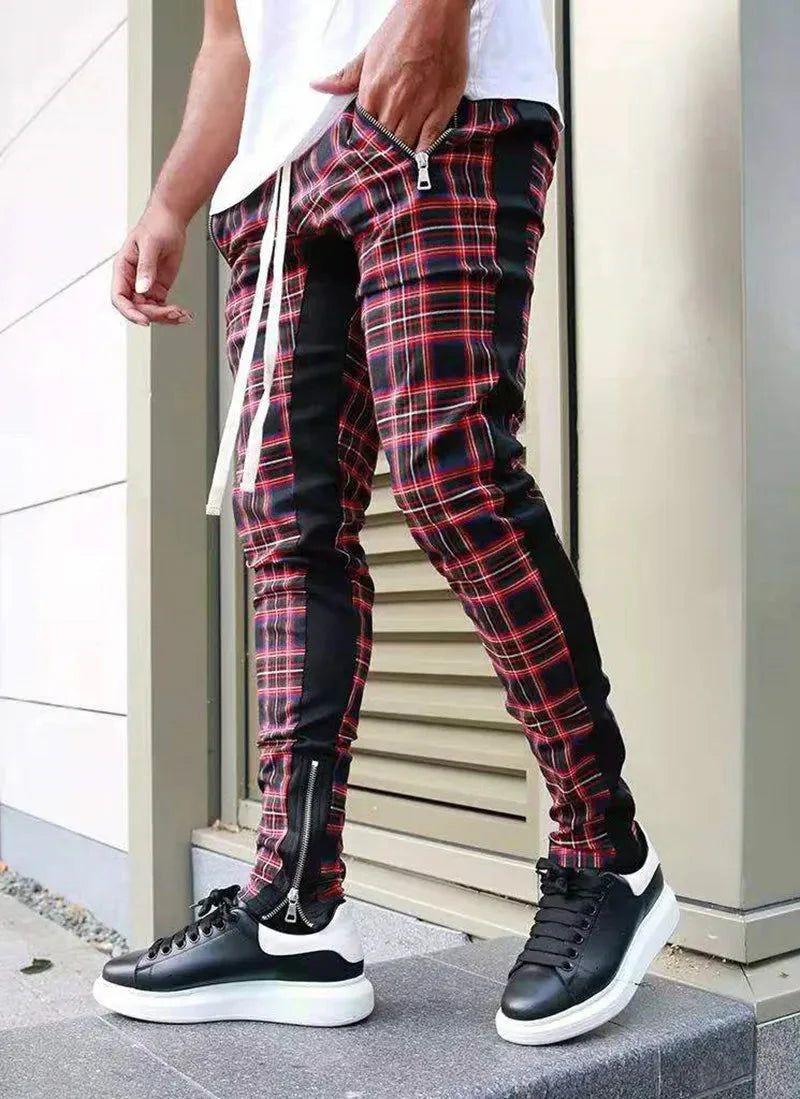 Men's plaid tracksuit pants by SHOWLU FASHION STORE, slim fit fitness pants with zipper bottoms and comfortable athletic design.