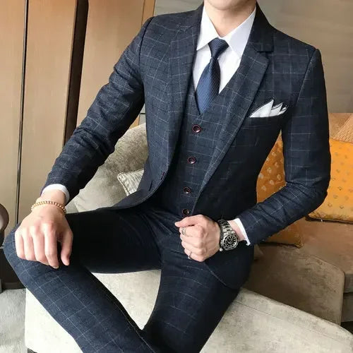Left view of SHOWLU FASHION STORE men's 3-piece plaid suit with slim fit blazer, perfect for wedding or business occasions.
