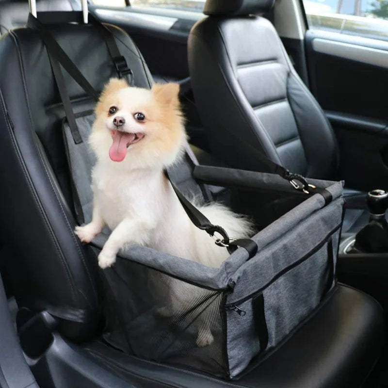 Foldable dog and cat car seat cover with pet harness, hammock style, for safe travel, featuring a foldable basket design.