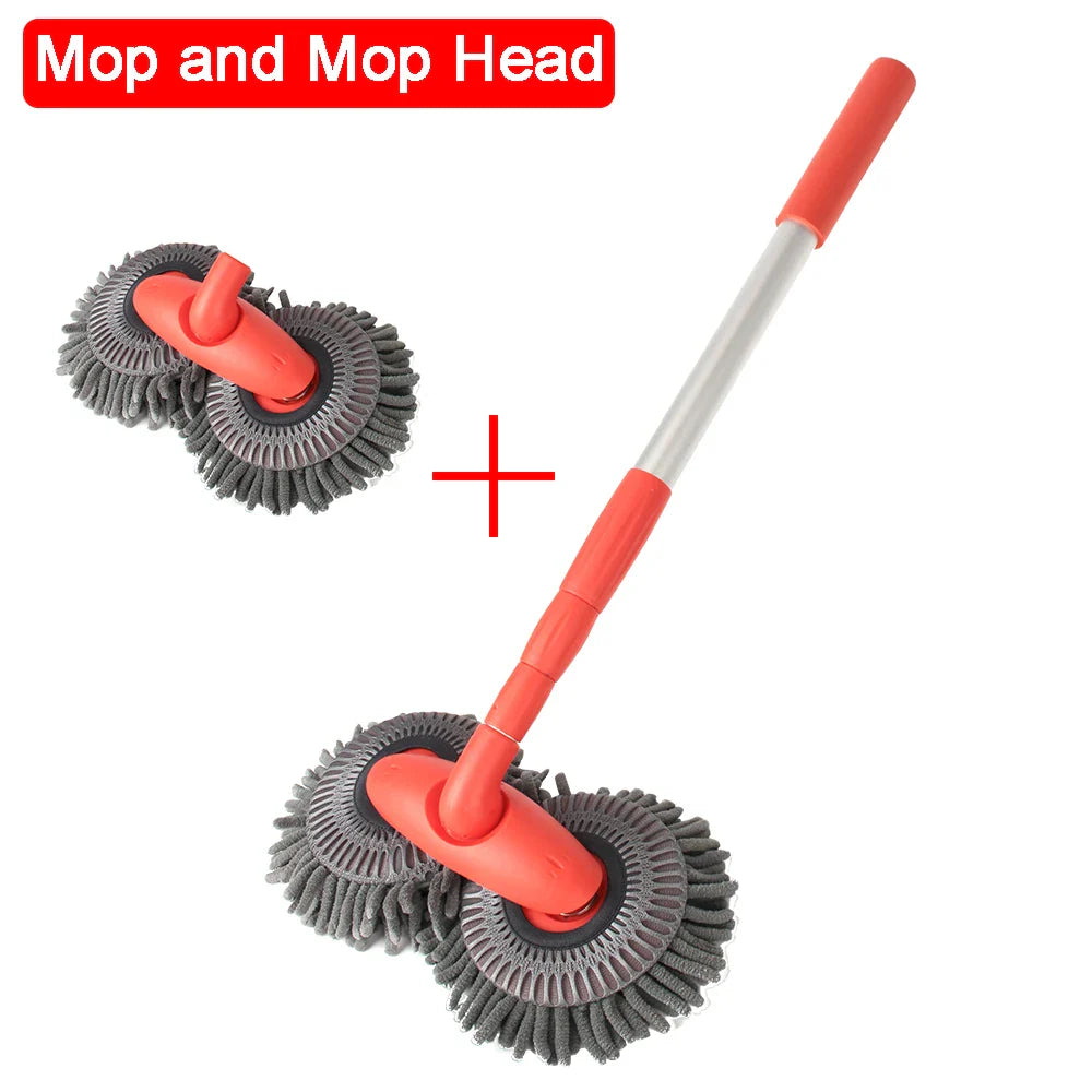 LEEPEE rotating double brush car wash mop with telescopic handle and chenille brush head for effective cleaning.