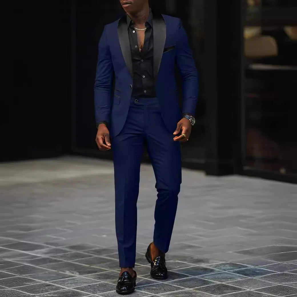 Men's fashion business casual two-piece suit from Showlu, slim-fit suit jacket with side slit and matching trousers, breathable and comfortable.