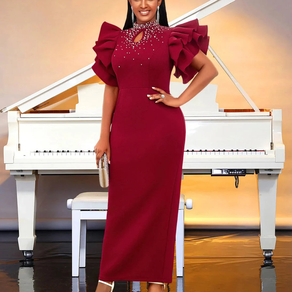 SHOWLU FASHION women's beaded sheath party dress with ruffle sleeves and ankle length, elegant and stylish for special occasions.