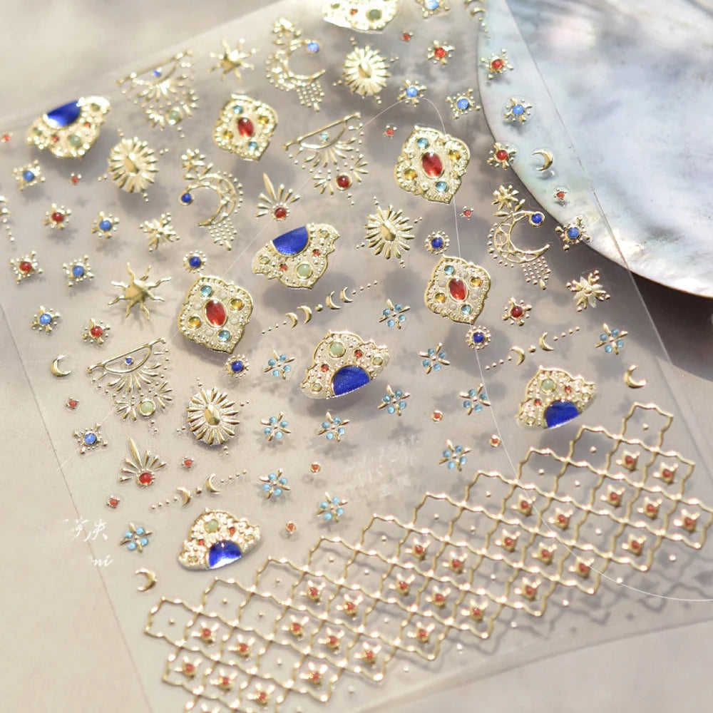 Elegant gold scepter 5D nail art stickers with gemstone design, self-adhesive manicure decals for luxurious nail decoration.