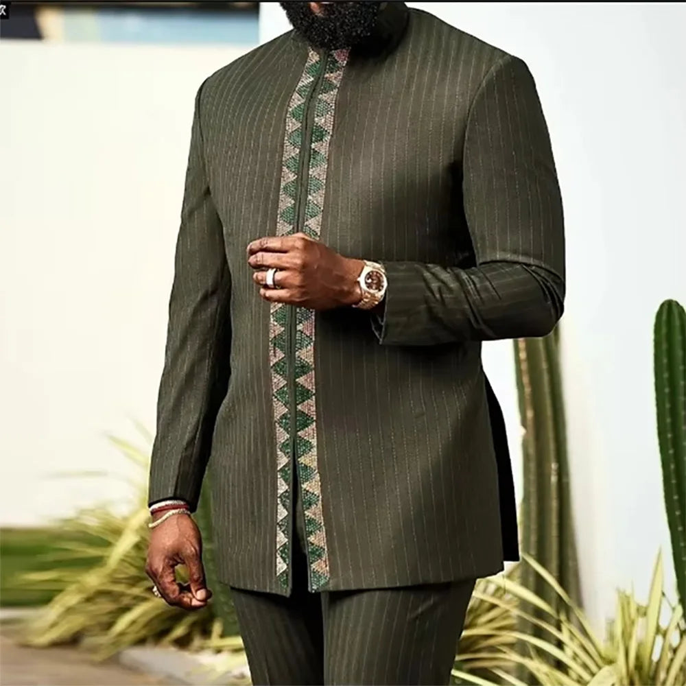 New In African Summer Business Men's Short Sleeve Suit Embroidery Dashiki Shirt Pants Sets 2 Pieces Outfits Wedding Party 2025