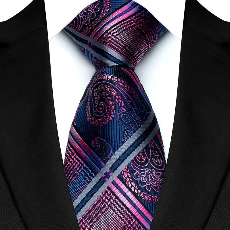 Purple men's necktie with floral plaid and stripe patterns, jacquard woven, suitable for business, wedding, or formal occasions.