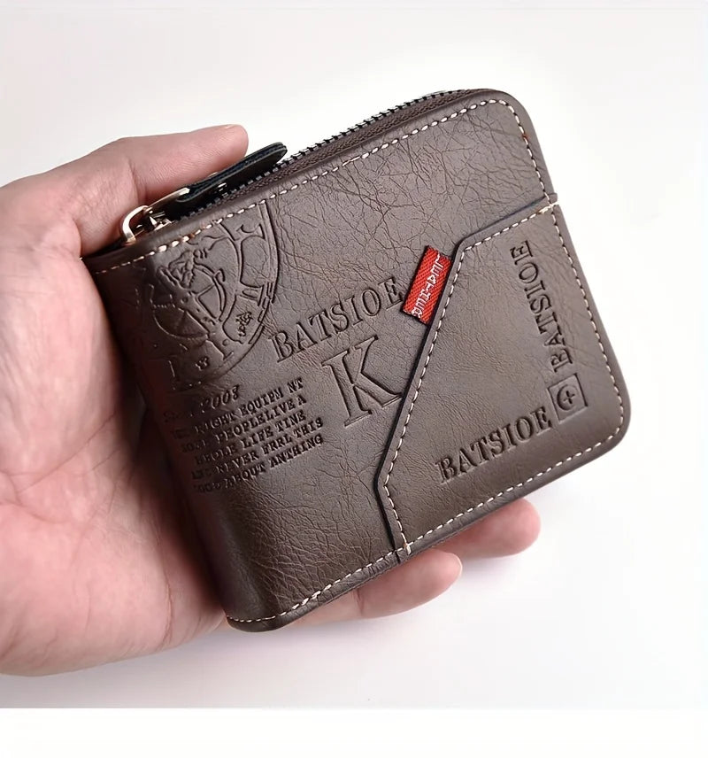 Men's PU wax oil skin wallet with zipper, coin pocket, and card holder, featuring a compact design for money and coins.