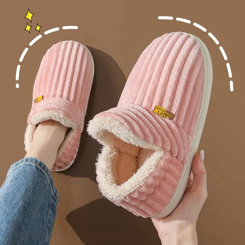 Shevalues men's winter plush cotton indoor slippers with soft fur, short plush lining, casual cozy fur-lined house shoes.