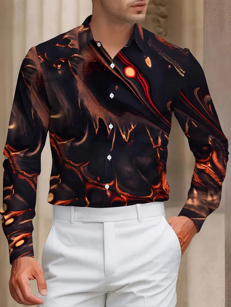 Men's long sleeve geometric print shirt with irregular pattern, button-up design, stylish street fashion from Showlu Fashion.