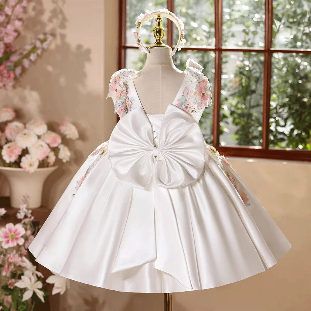 Dreamy Vow D247  Wedding Flower Girls Dress with Giant Back Bow White Satin Party Dress Children Birthday 3D Flowers
