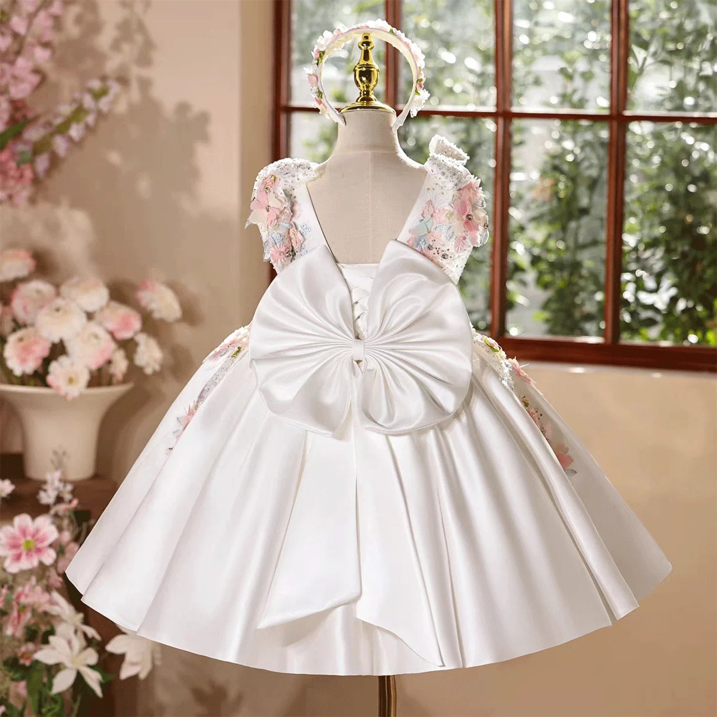 Dreamy Vow D247  Wedding Flower Girls Dress with Giant Back Bow White Satin Party Dress Children Birthday 3D Flowers
