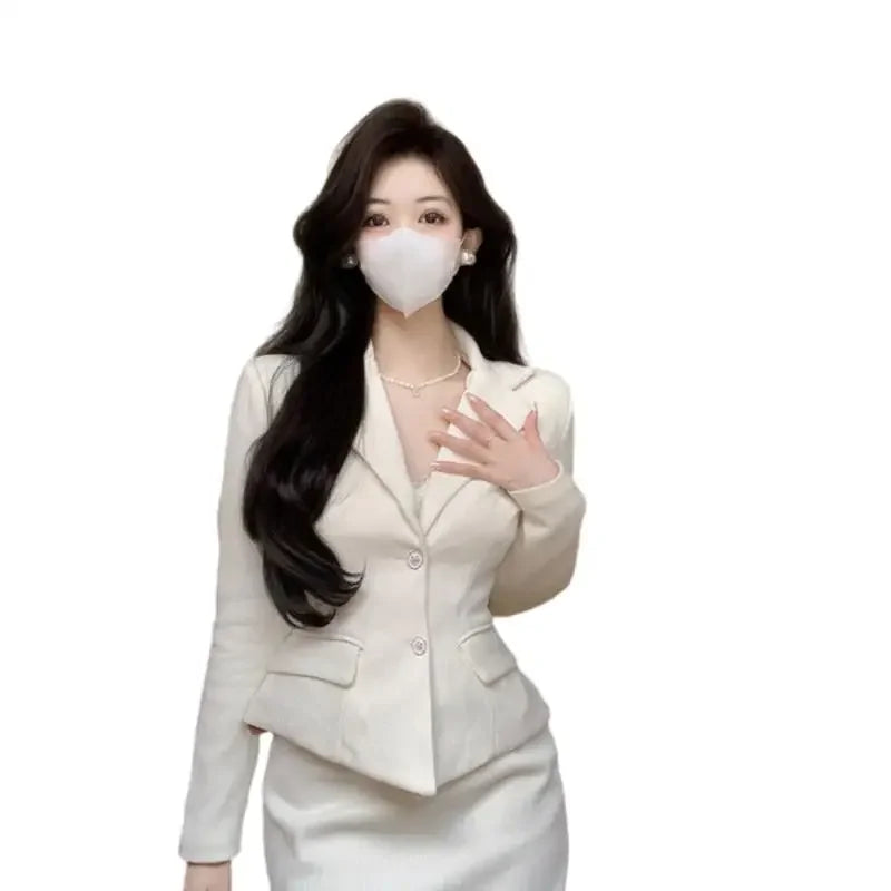 UNXX Autumn/winter Fragrance Style Short Waist Suit Jacket Hip Overskirt  Retro Single-breasted Coat Skirt Two-piece Set Woman's