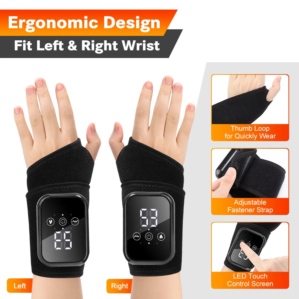 Electric wrist massager with heating, vibration, and support brace for pain relief and fatigue reduction of the wrist.