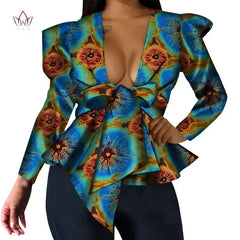 Africa Style Women Modern Fashion Women Tops Dashiki African Print Tops Shirt Sexy V Neck Women Clothing Long Sleeve Coat WY5782