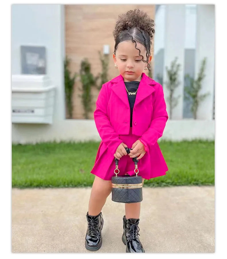 Kids girls autumn 2-piece outfit with long sleeve button coat and pleated plaid skirt, suitable for ages 2 to 8 years, Showlu Fashion.
