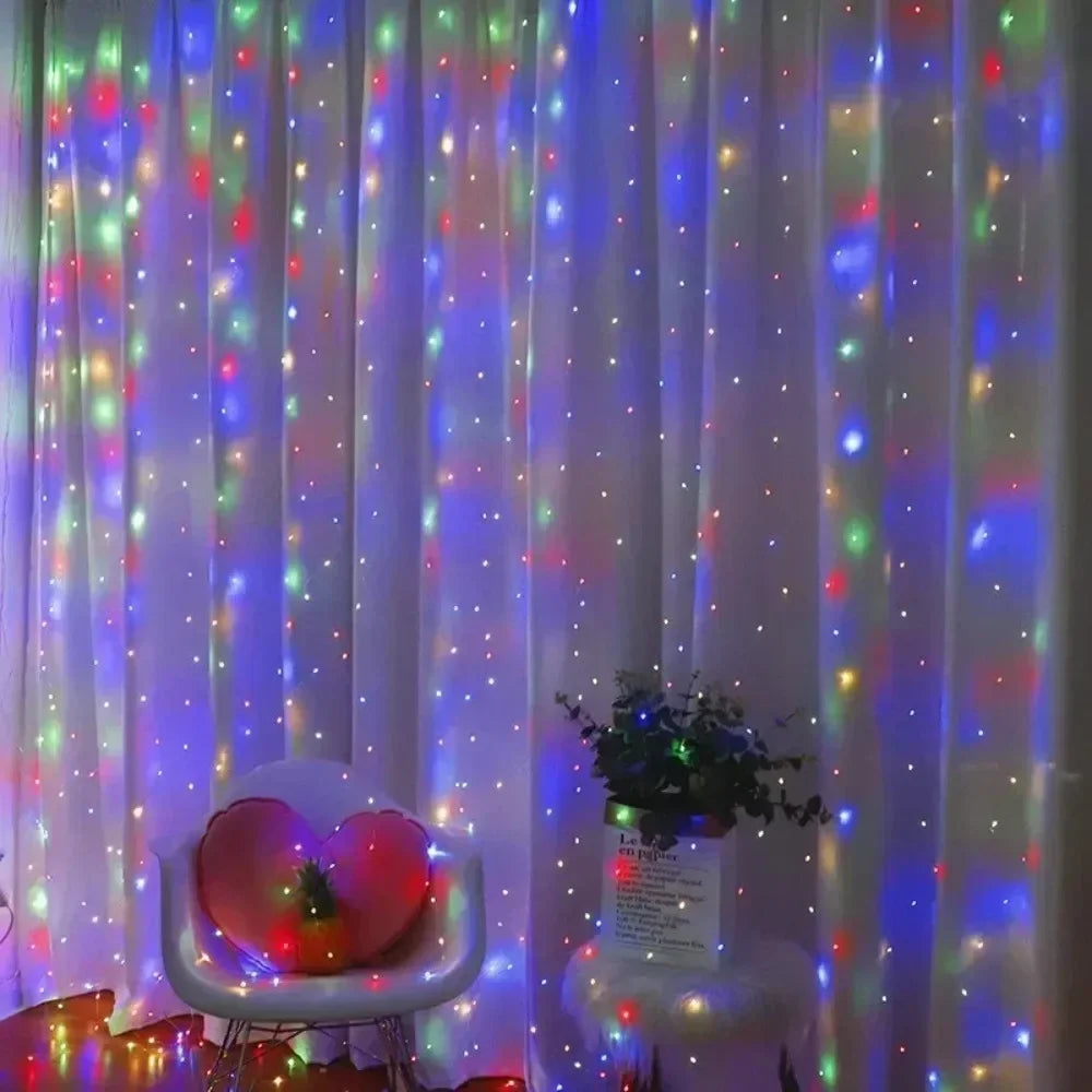 Showlu Smart LED curtain fairy lights hanging with warm glow, perfect for home decor and festive lighting.
