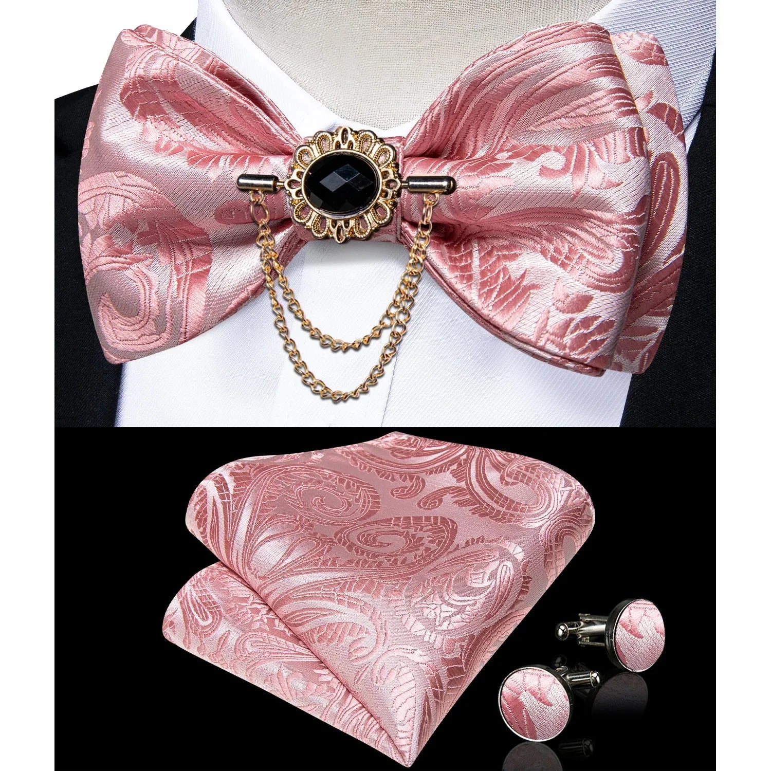 Pink plaid silk self-tie bow tie set with brooch and handkerchief, stylish fashion accessory from SHOWLU FASHION STORE
