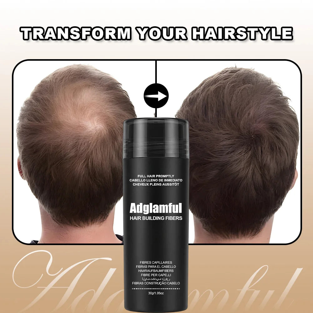 Showlu Smart General hair fiber volume powder in 30g container, with a close-up of the product packaging and powder texture.