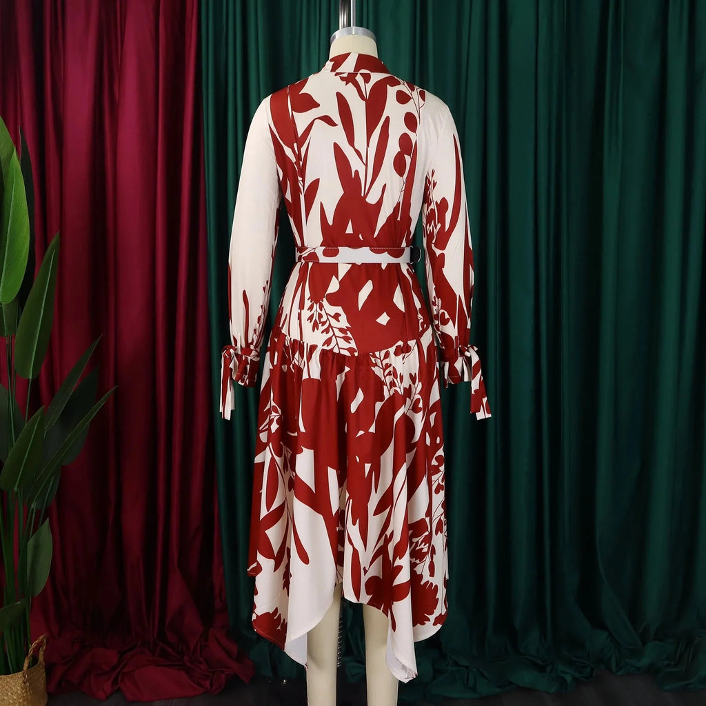 SHOWLU Women's printed asymmetric maxi dress with long sleeves, stylish shirt dress design, perfect for casual and elegant looks.