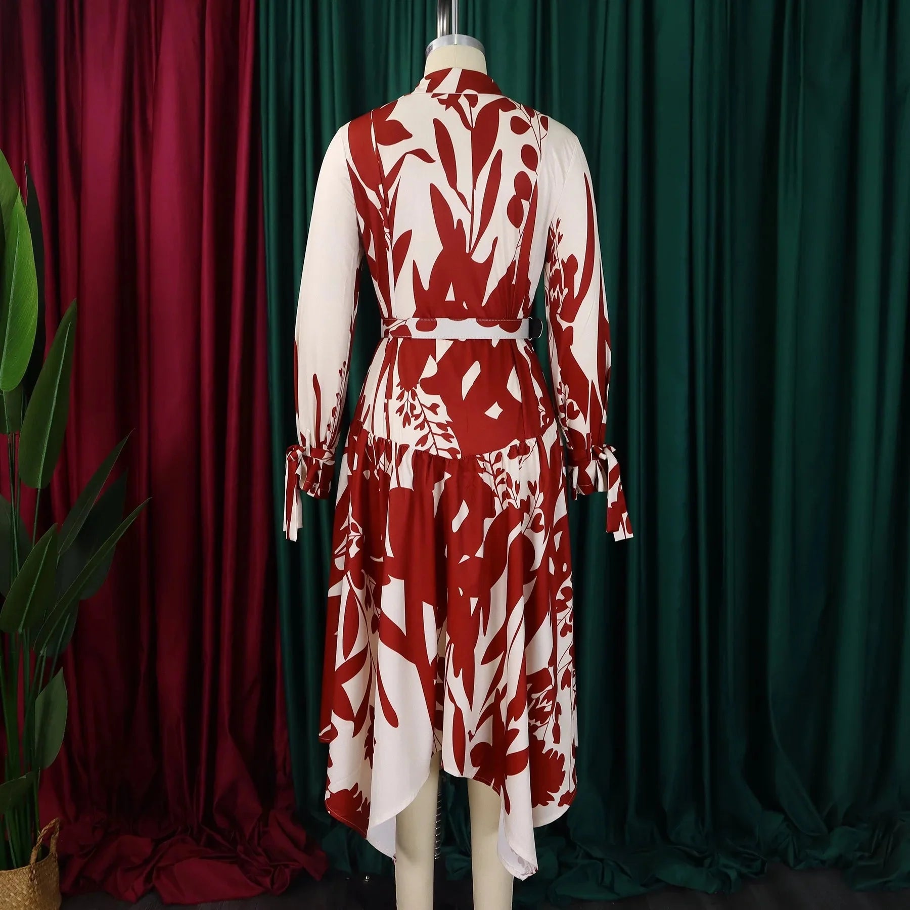 SHOWLU Women's printed asymmetric maxi dress with long sleeves, stylish shirt dress design, perfect for casual and elegant looks.